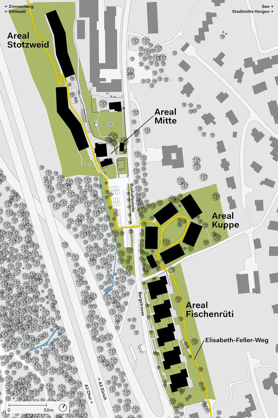 Vier Areale am Elisabeth-Feller-Weg